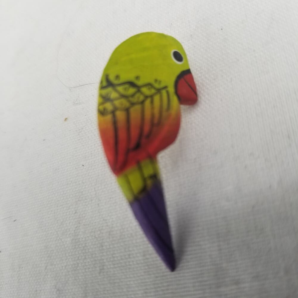 Vintage Wooden Green Parrot Post lapel pin tack Costume Jewelry exotic bird